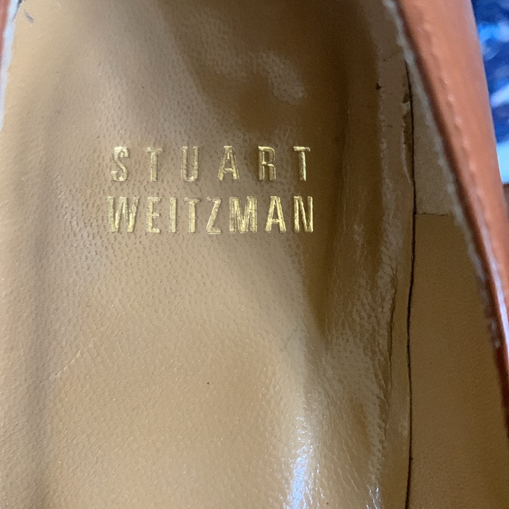Stuart Weitzman Cognac Brown Leather Wood Stack Platform Heel Sz 8M Peep toe - Picture 12 of 14